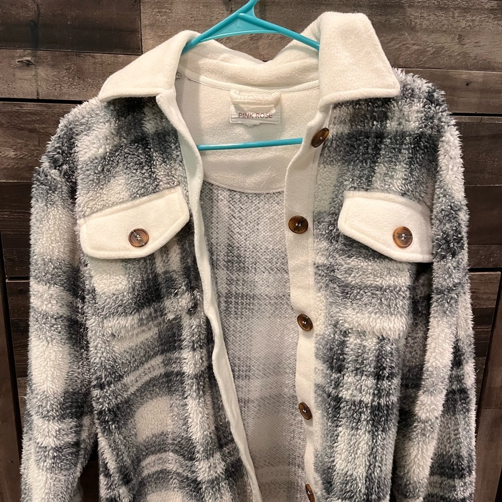 Pink Rose Gray and White Plaid Sherpa Coat
